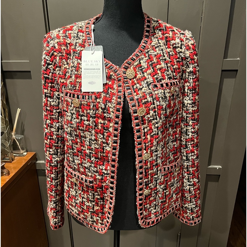 Blue Sky Red, Black & Cream Tweed Bouclé Blazer